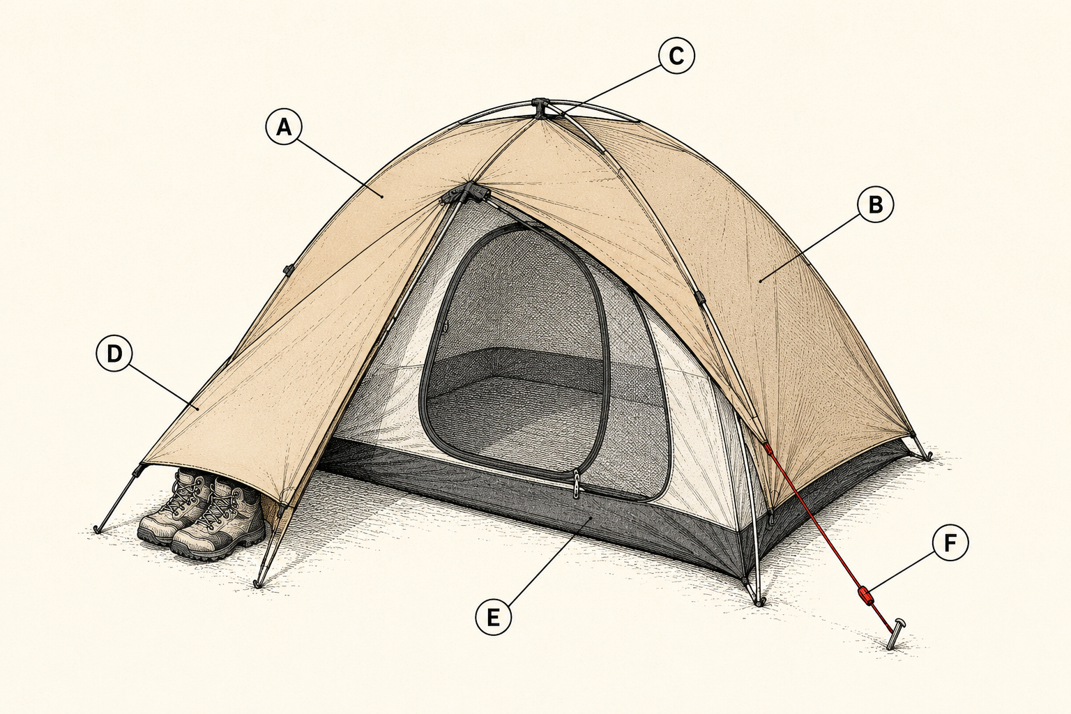 Tent anatomy diagram labeling the rainfly, inner body, pole hub, vestibule, bathtub floor, guyline, and stake.