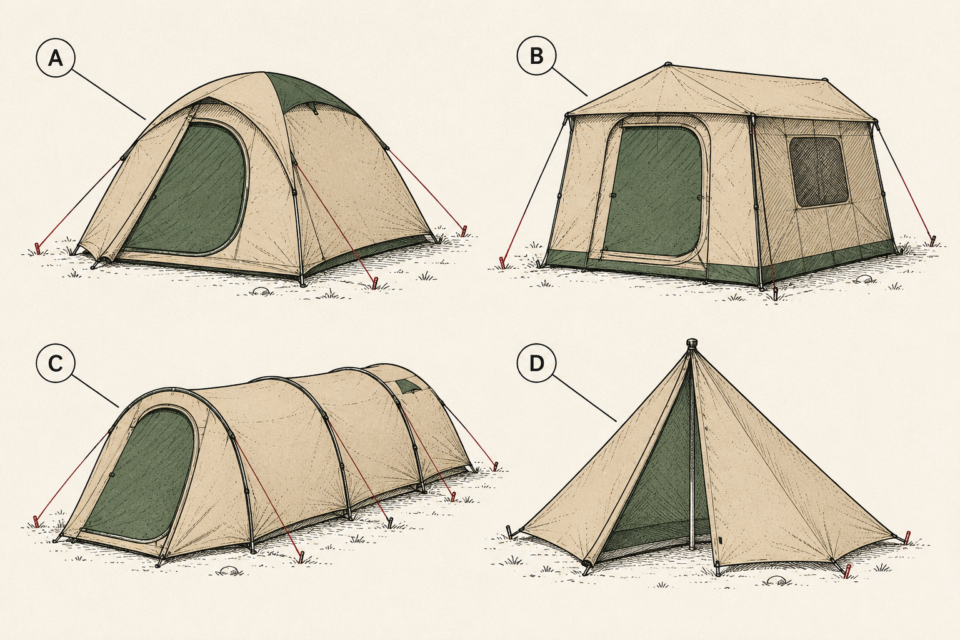 Comparison plate of four tent types: dome, cabin, tunnel, and trekking-pole tent.