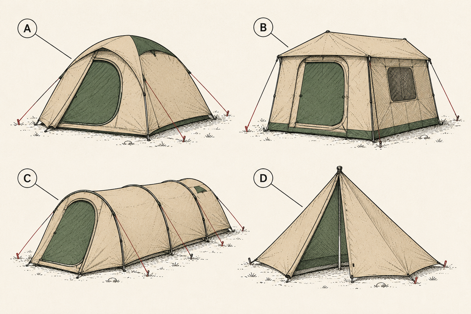Comparison plate of four tent types: dome, cabin, tunnel, and trekking-pole tent.