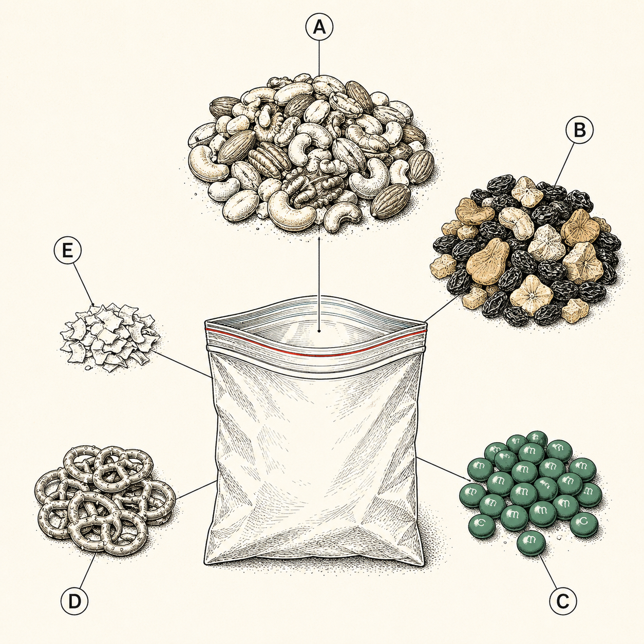 Trail mix formula diagram showing the ratio: two parts nuts, one part dried fruit, one part sweet, plus a salty wildcard and a surprise.