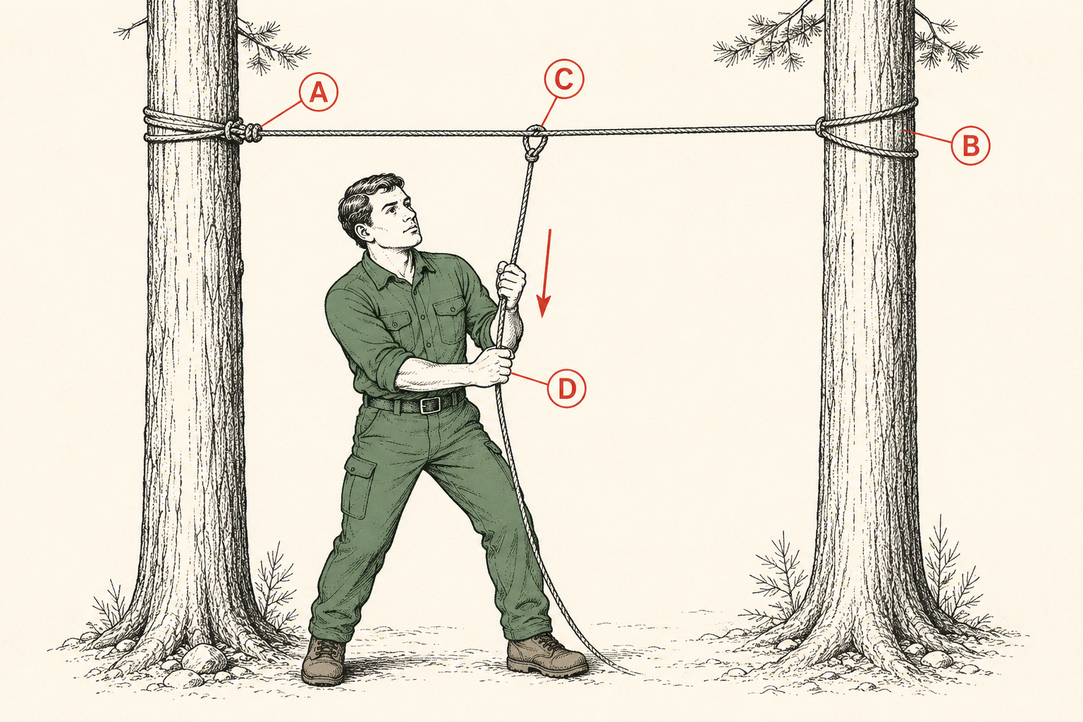 The trucker's hitch in use: a camper hauls a ridgeline drum-tight between two trees, the working end redirecting through a mid-line loop for mechanical advantage.
