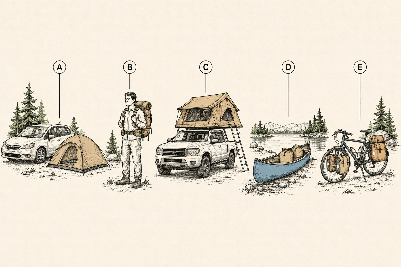 Diagram comparing the main types of camping by how gear is carried: car, backpack, rooftop tent, canoe, and bicycle.
