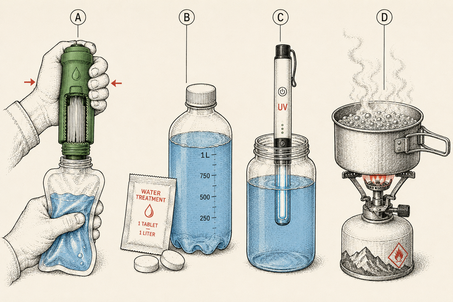 Comparison diagram of the four water treatment methods: hollow-fiber squeeze filter, chlorine dioxide tablets, UV purifier pen, and boiling, with what each defeats.
